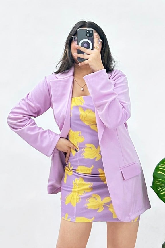 Set Of 2-Lavender Printed Bodycon dress With a Flattering Blazer