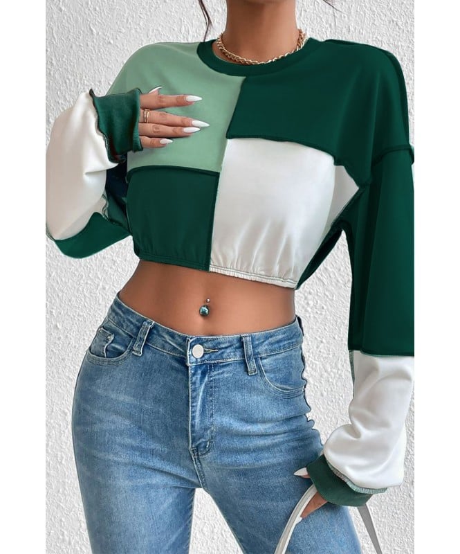 Green Color Block Crop Sweatshirt