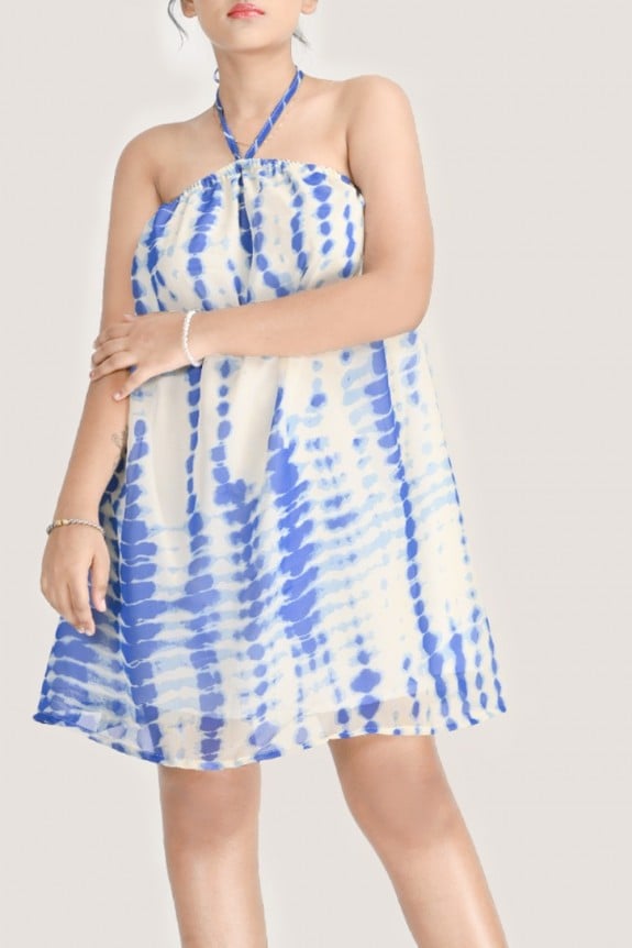 Blue Tie Dye Print Halter Neck Dress