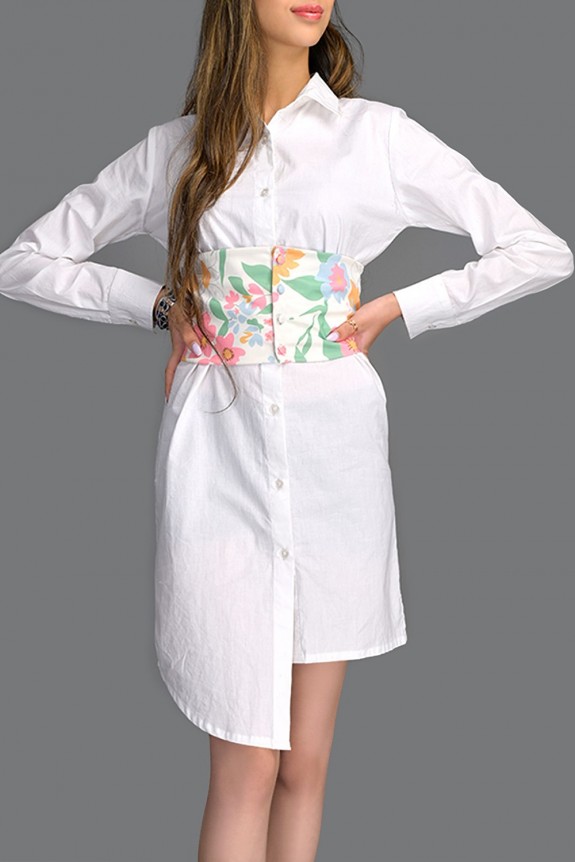White Shirt Dress With Floral Belt- Set Of 2