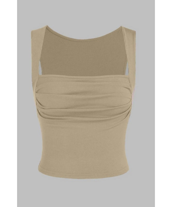 Beige Ribbed Ruched Crop Top