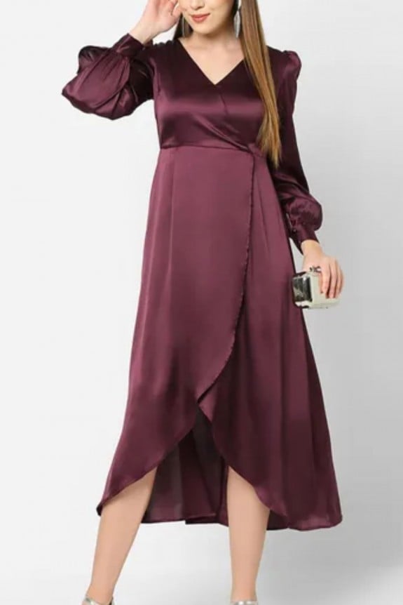 Maroon Satin long full sleeve dress