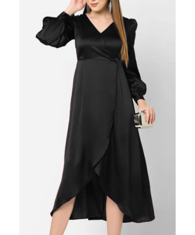 Black Satin long full sleeve dress