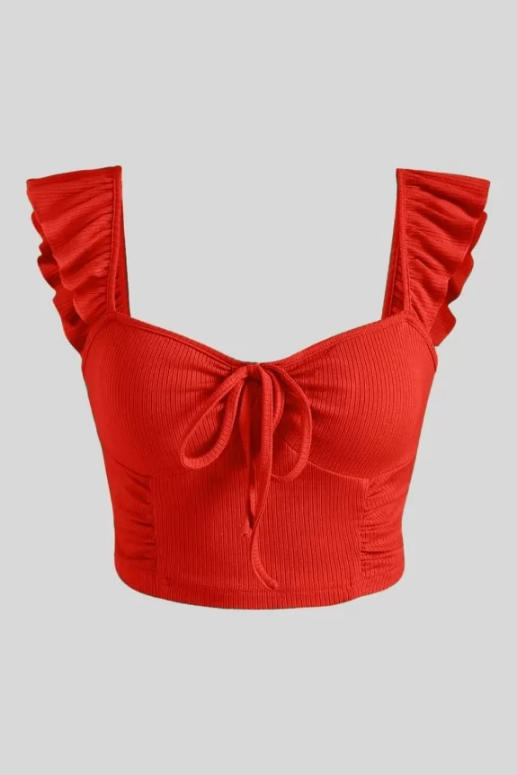 Red Front Tie Ribbed Top