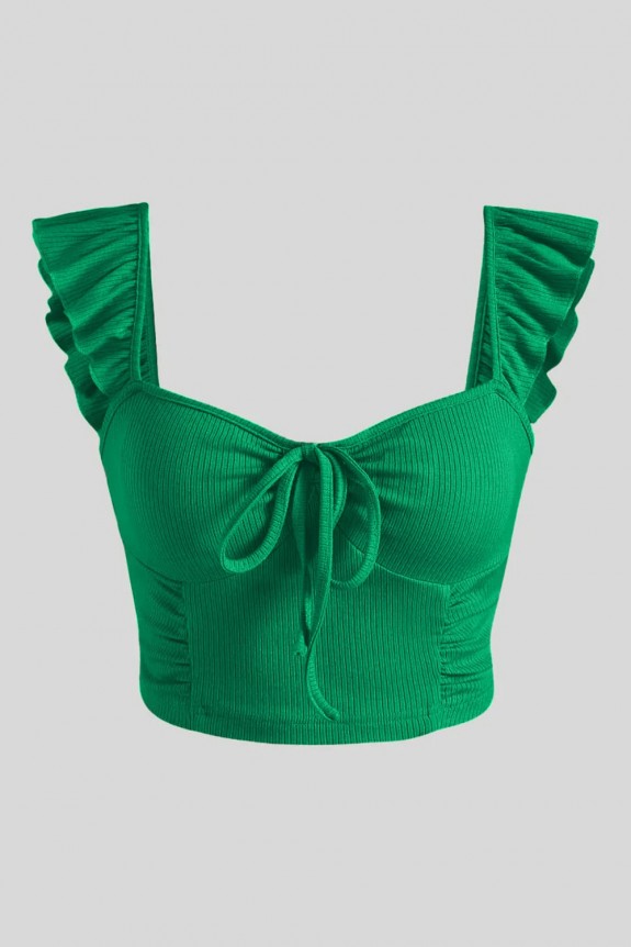 Green Front Tie Ribbed Top