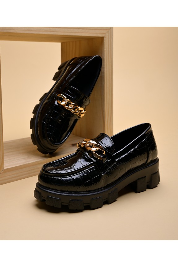 Black croco golden saddle loafers