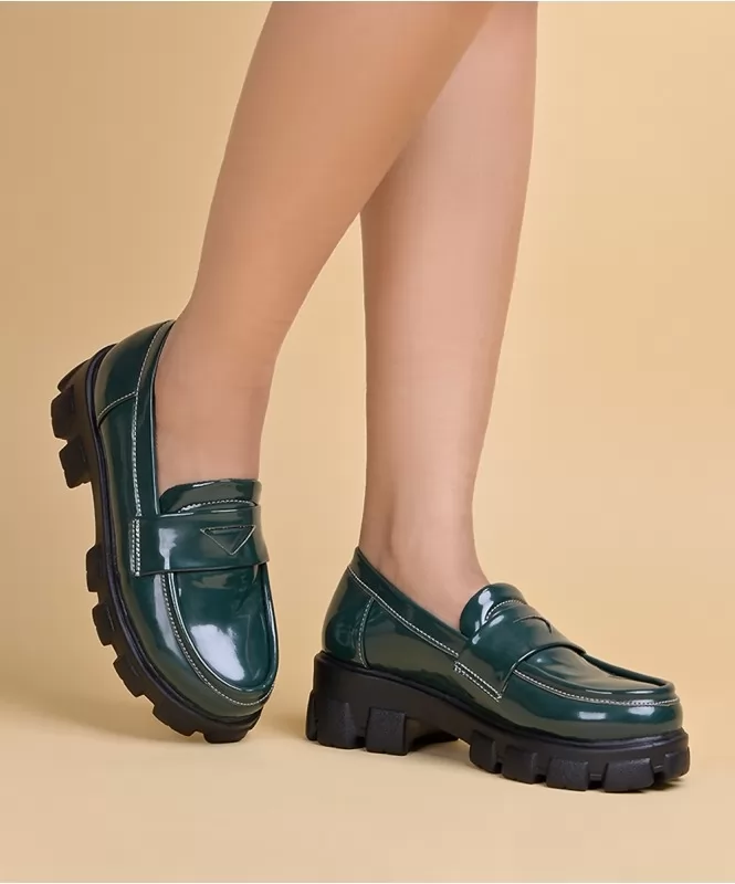 Bottle green patent loafers 