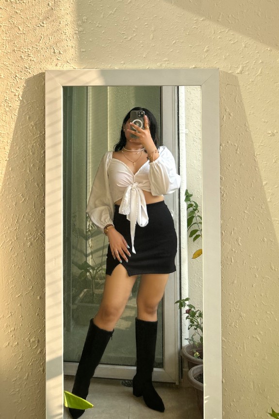 Set Of 2- White Crop Top With Black Skirt