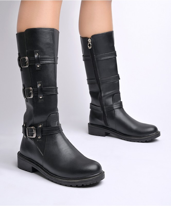 Black calf length buckle boots Street Style Store SSS