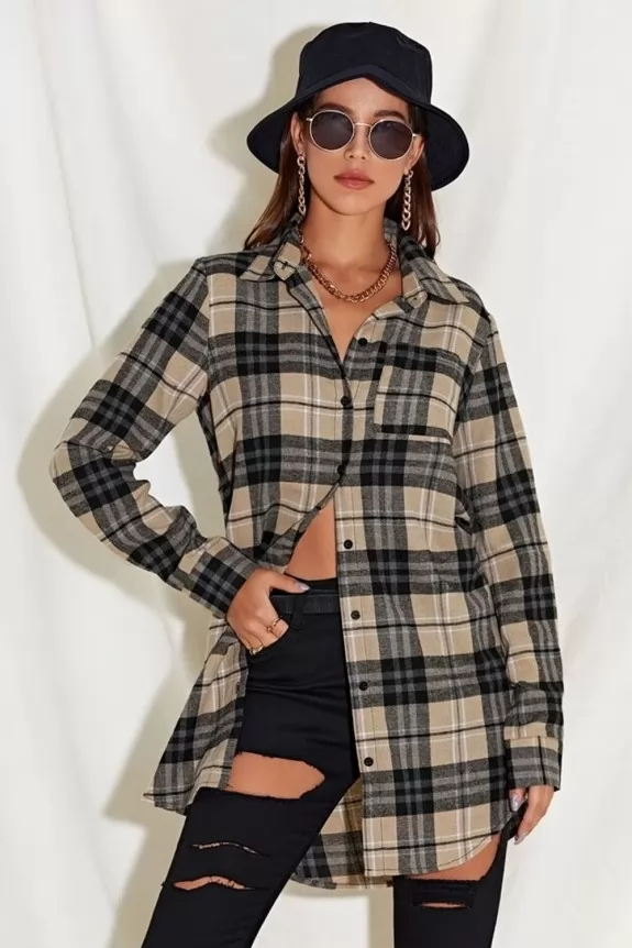 Beige  & Black Plaid Long Shirt