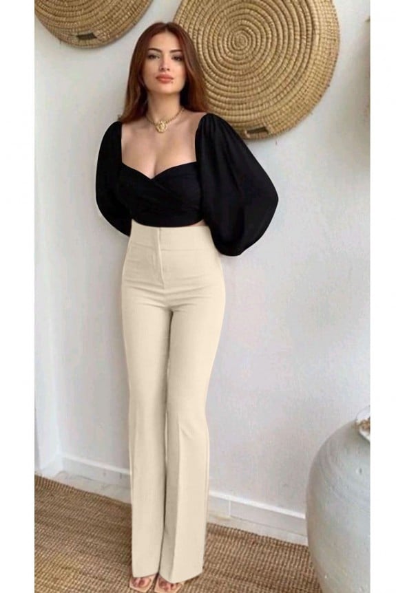 Set of 2-Black Sweetheart Neck Crop Top With High Rise Trouser