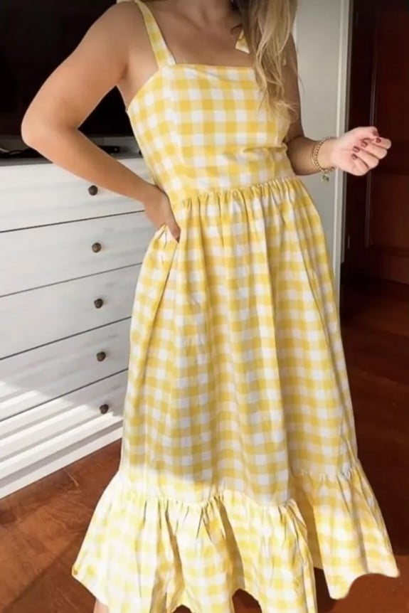 Yellow  Checked Flare Dress