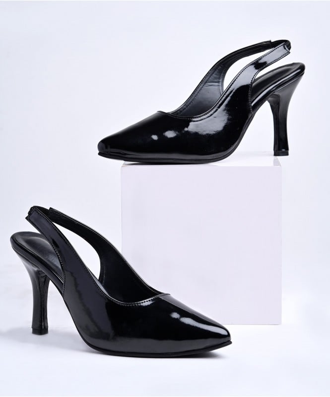 Black patent sling back heels 