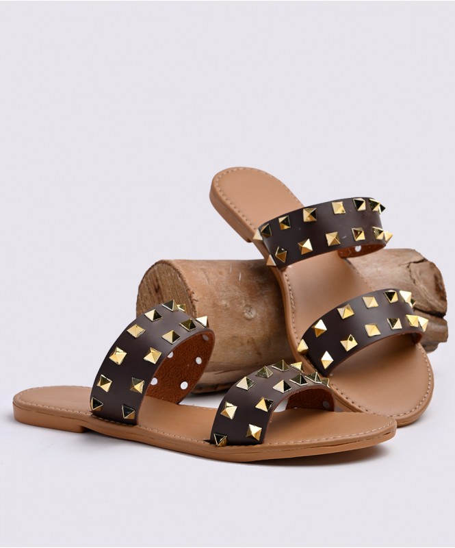 Dolce Vita Pinta Studded Sandals Womens 9.5 Brown Faux Leather Strappy  Slide New | eBay