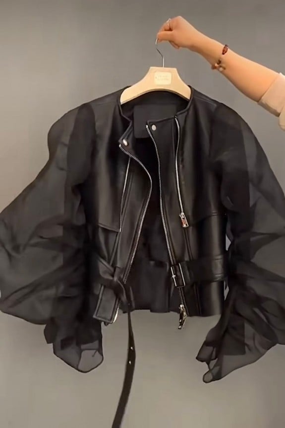 Faux Leather Plain Sheer Jacket