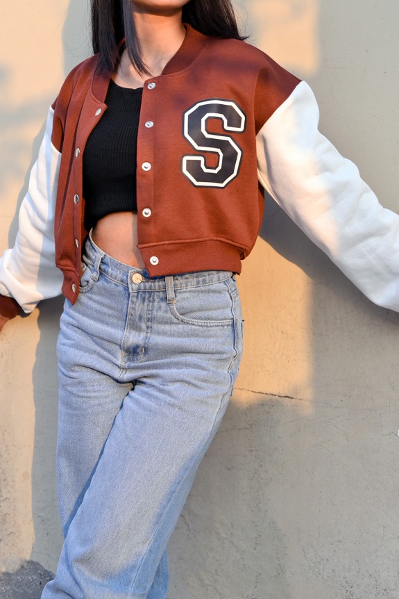 Brown Cropped Bomber Jacket