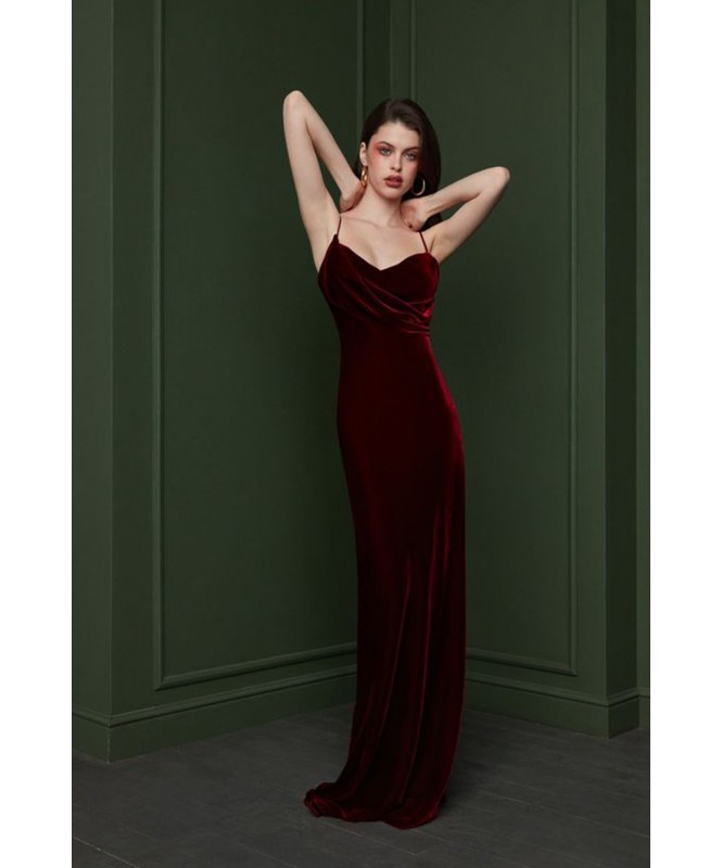 Wine Red Straps Sexy Velvet Evening Gown