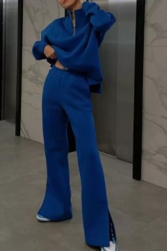 Set of 2: Blue Oversized High Neck Hoodie With Side Slit Pants