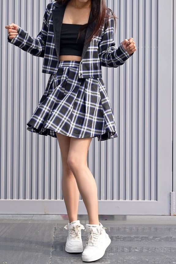 Set Of 2- Full Sleeves Checkered Blazer With Short Skirt