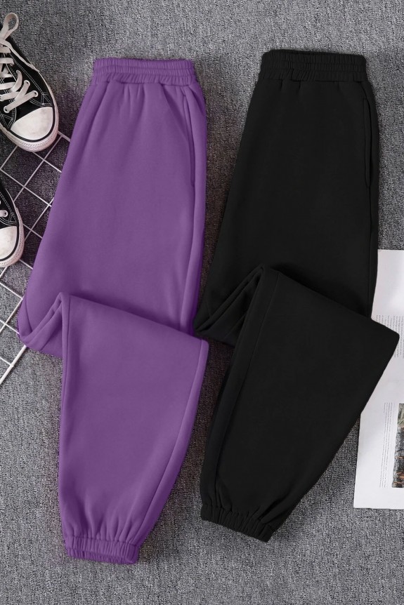 Set Of 2 -Medow violet and black Winter Fleece Elastic Waist Fleece Jogger Pants