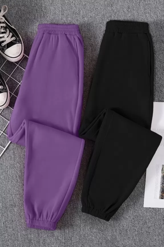 Set Of 2 -Medow violet and black Winter Fleece Elastic Waist Fleece ...