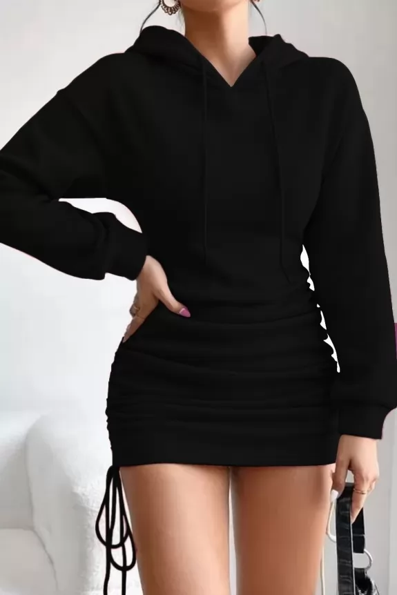 Black Long Sleeve Hooded Dress, Hood Dress Fashion Clothing