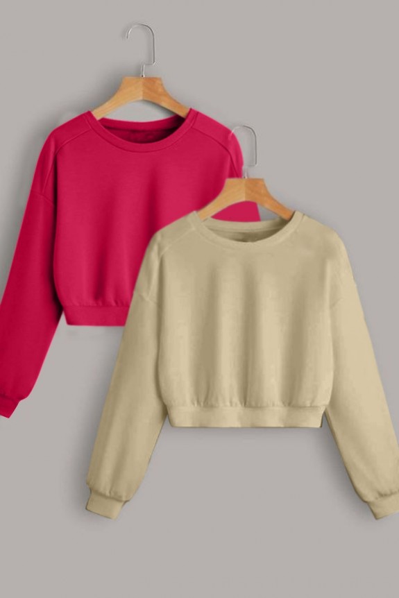  Set of 2 - Raspberry and Khaki crop sweatshirts