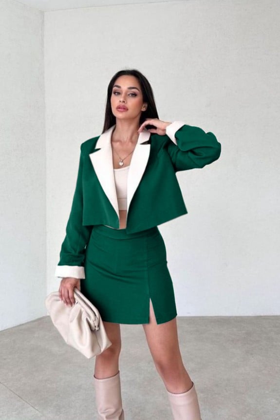 Set Of 2 - Green Skirt with Crop Blazer