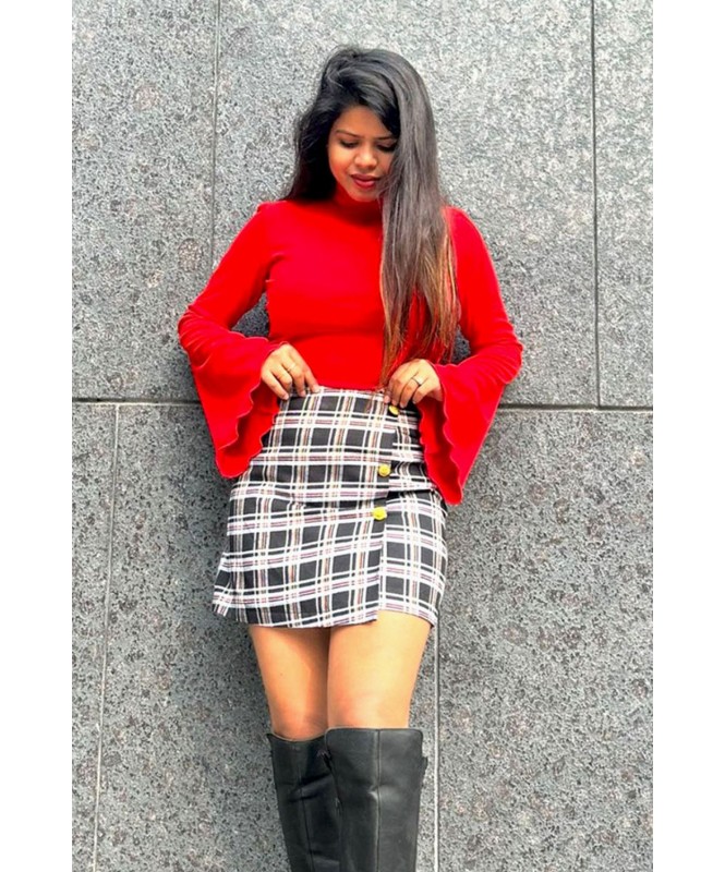Set of 2 -Red Bell Sleeves  Top Plaid Skirt