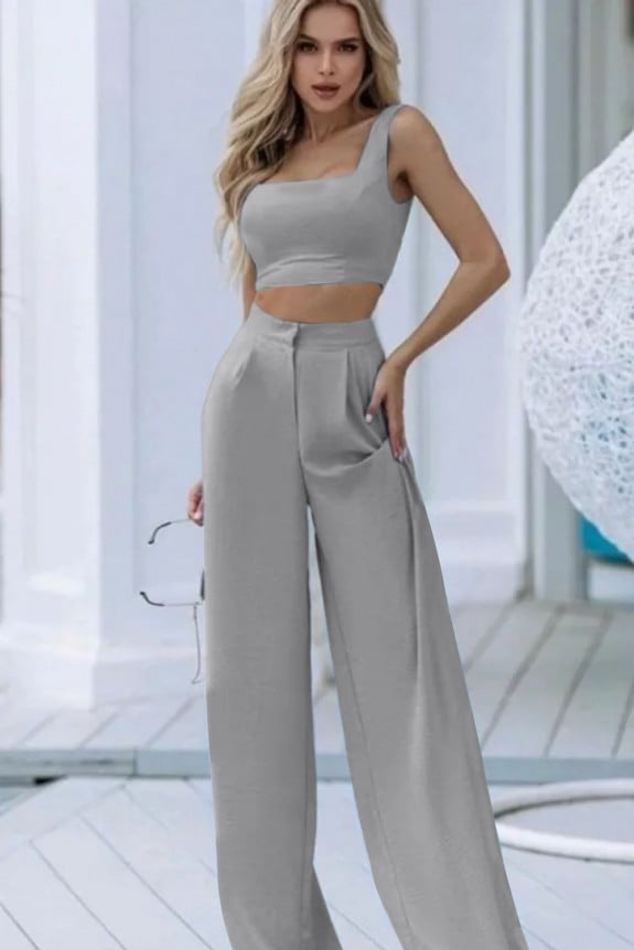 Set Of 2-Grey Crop Top With High Rise Smart Pants