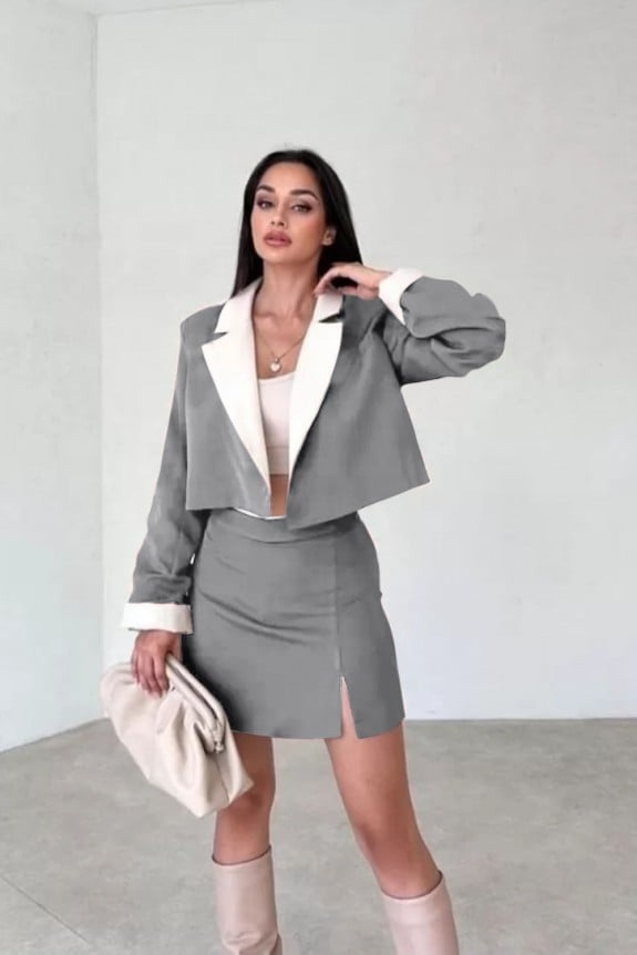 Set Of 2 -Grey Skirt with Crop Blazer