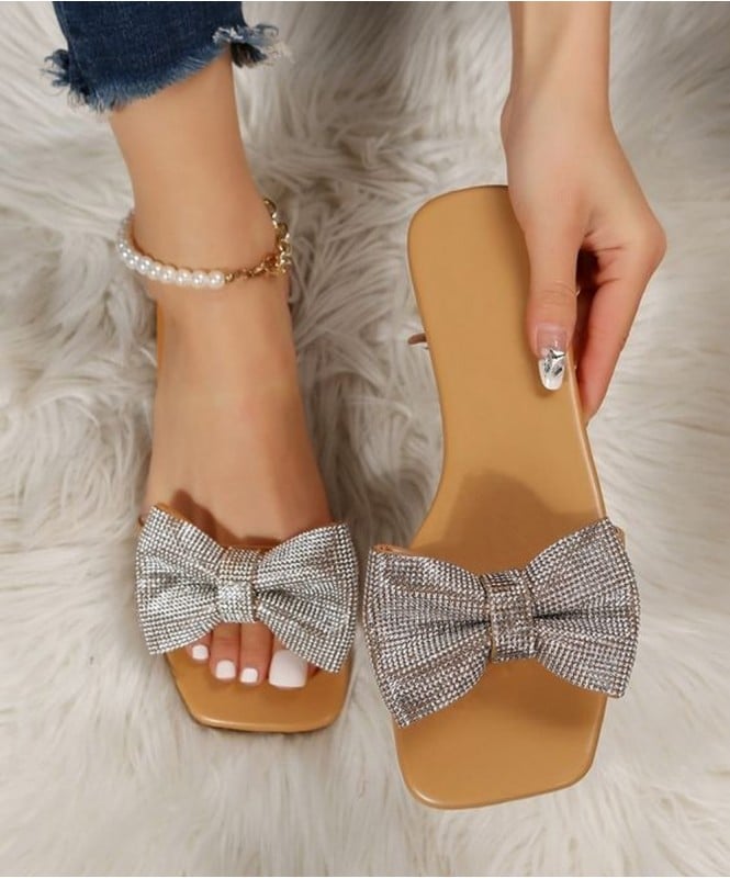 Shimmer bow brown flats 