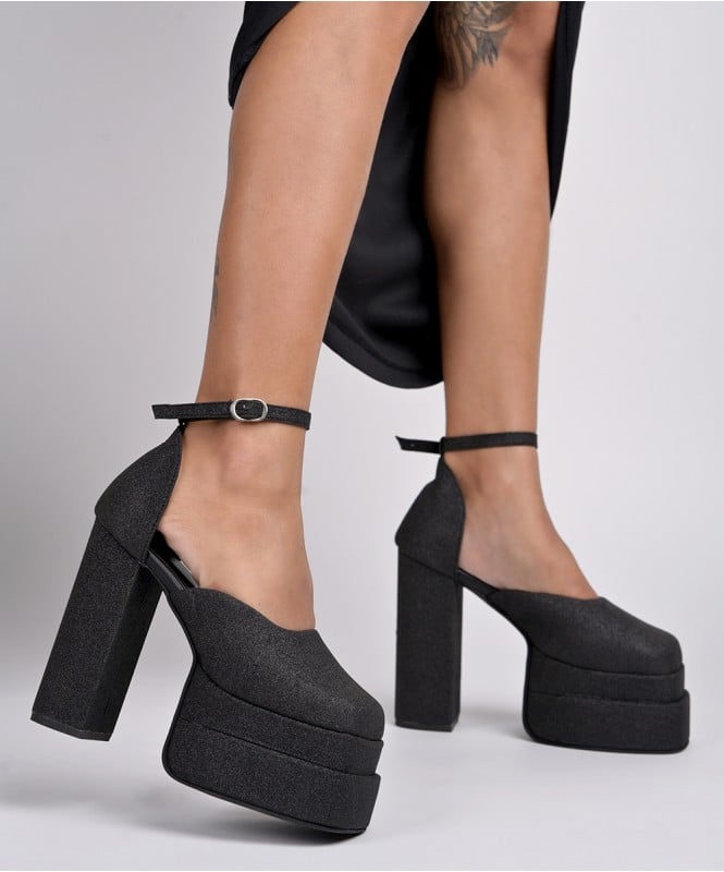 Black shimmer double platform heels 