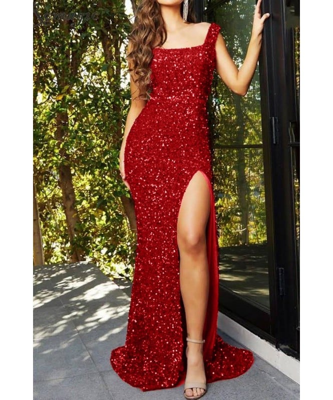 Red Side Slit Sequin Dress
