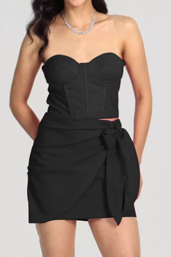 Set of 2-Black  Bustier Top With Side Knot Skirt