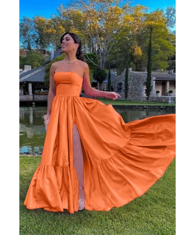 Cotton Orange Strapless Prom Dresses