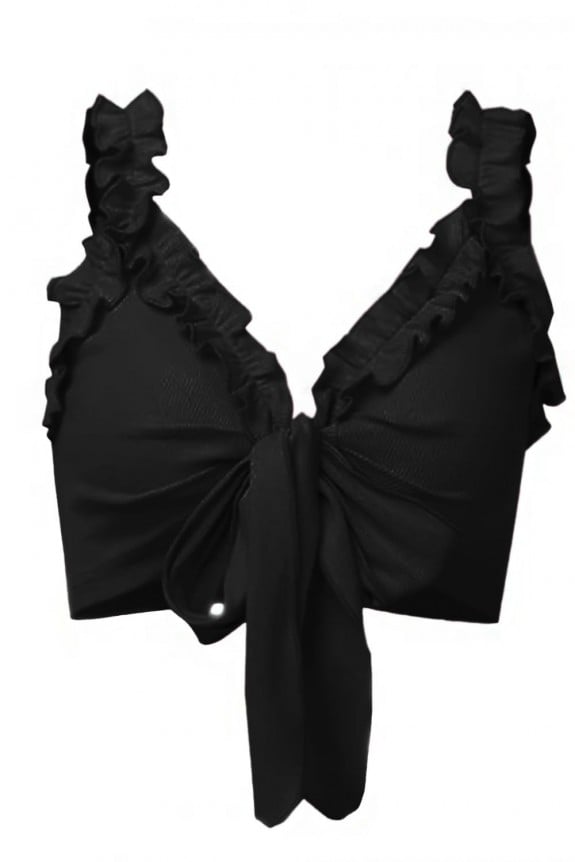 Black Ruffle Trim Knotted Crop Top