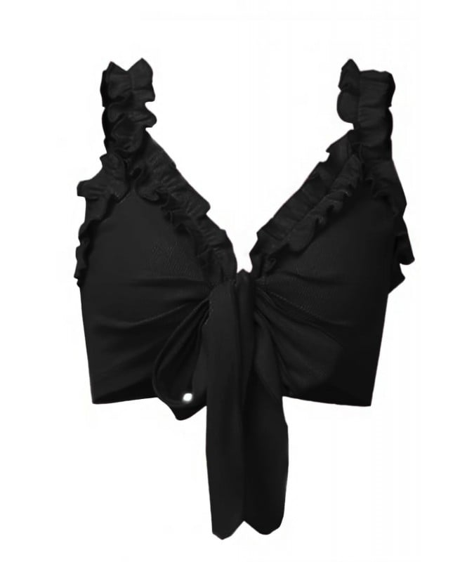 Black Ruffle Trim Knotted Crop Top