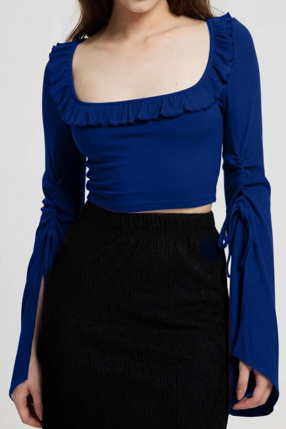 Blue Ruffle Pullover  Full Sleeves Crop Top