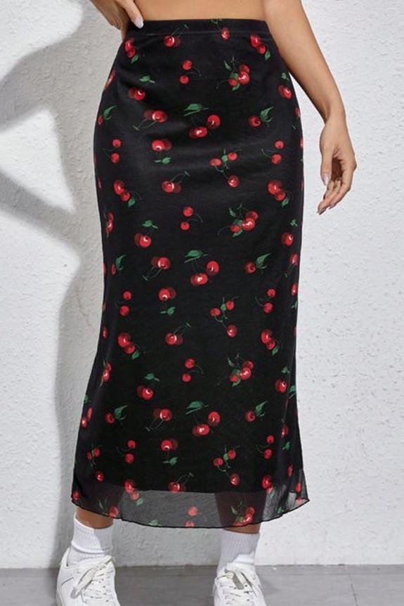 Cherry Printed Mesh Skirt