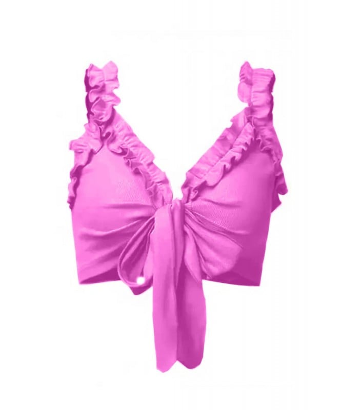 Rose Pink Ruffle Trim Knotted Crop Top
