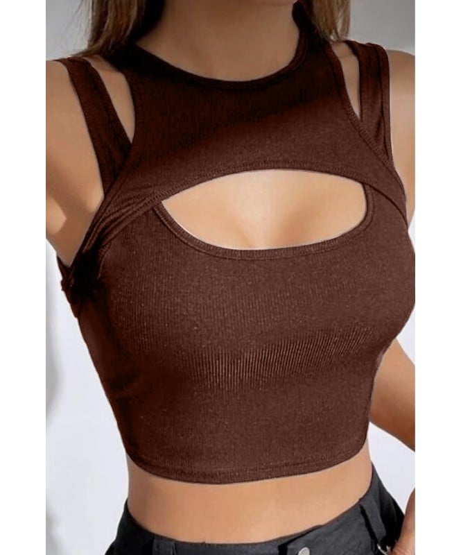 Brown Solid Cut Out Top