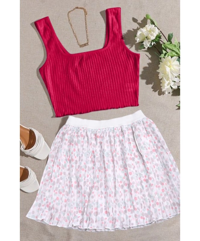 Set of 2 : Polka dot Skirt With Pink Crop Top