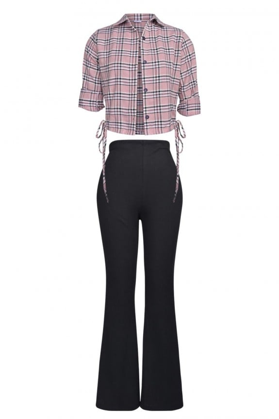 Set Of 2- Checkerd Full Sleeves Shirt with Black rib bell bottoms