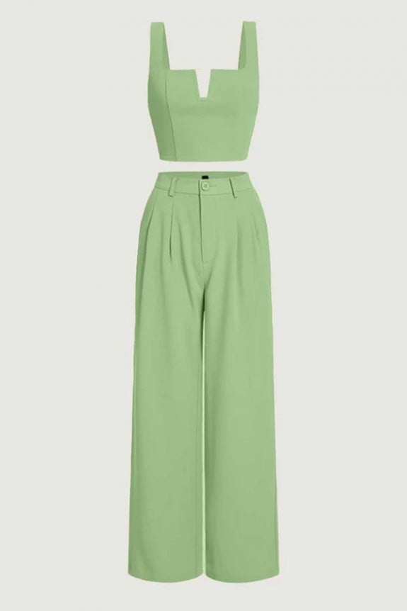 Set of 2-Green Crop Top With Flared Formal pants