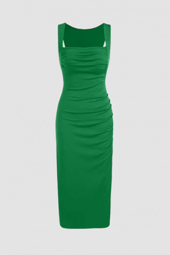 Green Square Neck Ruched Sleeveless Dress