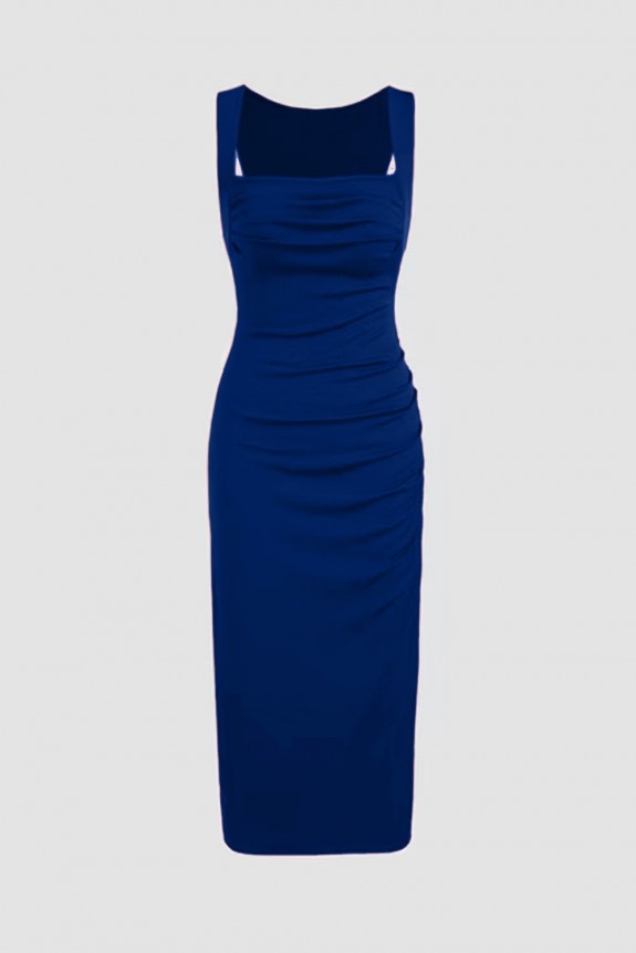 Blue Square Neck Ruched Sleeveless Dress