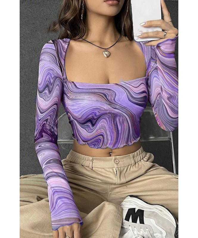Purple Marble Print Full Sleeves Crop Top