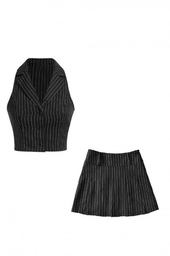 Set Of 2- Striped Waistcoat & Pleated Skirt