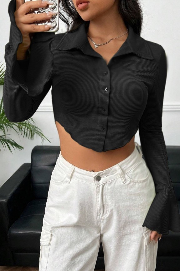 Black Rib Full Sleeves Crop  Shirt